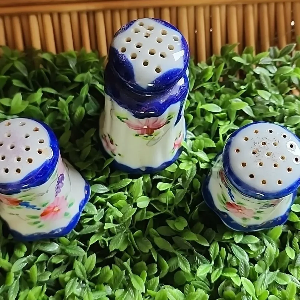 Vintage Cobalt Blue & Handpainted Floral Salt, Pepper & Cinnamon Shakers